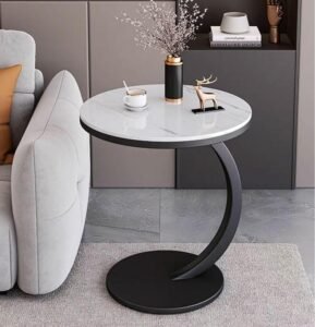 White Marble Modern End Table features sleek design, marble texture, add elegant charm to contemporary living spaces with its stylish metal base.