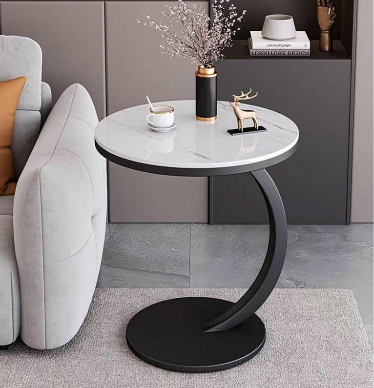White Marble Modern End Table features sleek design, marble texture, add elegant charm to contemporary living spaces with its stylish metal base.