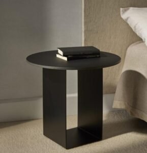 Black Wood Minimalist End Table boasts solid wood, minimalist style, create warm ambiance in cozy bedroom spaces with its simple structure.