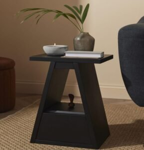 Black Wood Geometric End Table displays unique design, wood texture, add artistic charm to stylish living spaces with its geometric structure.
