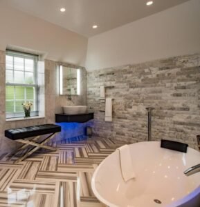 Grey Faux Brick Wall Panels feature refined brick texture, luxury sleek, crafted with subtle detailing, add sophisticated charm to high-end bathroom spaces.