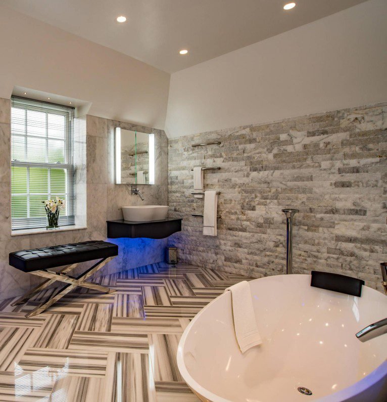 Grey Faux Brick Wall Panels feature refined brick texture, luxury sleek, crafted with subtle detailing, add sophisticated charm to high-end bathroom spaces.