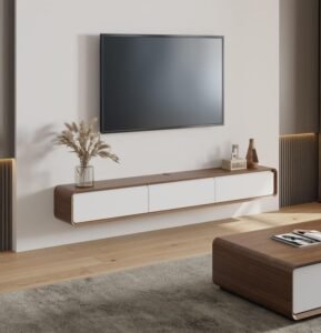 Wood & White Minimalist Floating TV Stand displays clean lines, dual-tone finish, create refined ambiance in modern living spaces with its simple design.