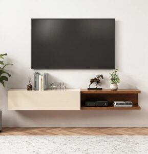 Two-tone Stylish Floating TV Stand features unique design, mixed materials, add artistic charm to eclectic living spaces with its storage feature.