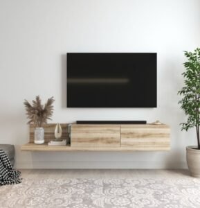 Light Wood Cozy Floating TV Stand boasts warm texture, minimalist style, create inviting ambiance in warm living spaces with its sleek structure.