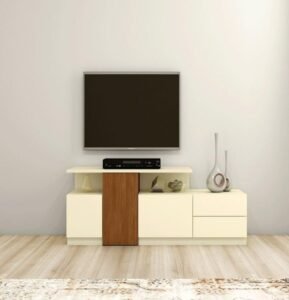 Beige & Wood Modern Floating TV Stand features chic design, ample storage, create dynamic charm to stylish living spaces with its modern look.