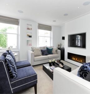 Modern Fireplace TV Stand features sleek design, integrated style, add chic charm to contemporary living spaces with its functional layout.