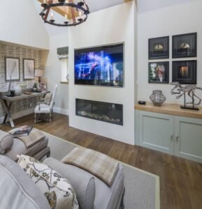 Rustic Fireplace TV Stand displays vintage design, warm texture, create cozy ambiance in traditional living spaces with its classic look.