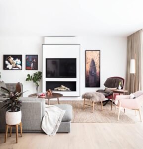 Minimalist Fireplace TV Stand boasts clean lines, sleek design, add refined charm to modern living spaces with its minimalist aesthetic.