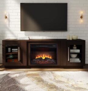 Wooden Fireplace TV Stand with Storage displays practical design, wood texture, add utility charm to functional living spaces with its storage feature.