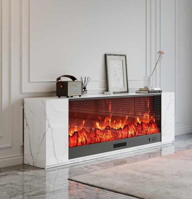 Marble Fireplace TV Stand boasts premium design, marble finish, create opulent ambiance in luxe living spaces with its elegant look.