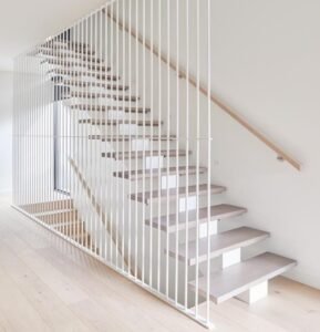 White Metal Slat Wood Floating Staircase
