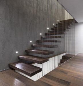 Dark Wood Metal Wire Floating Staircase