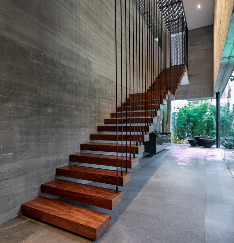 Solid Wood Black Rope Floating Staircase