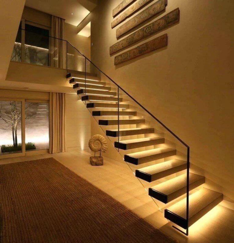 Solid Wood Glass LED Floating Staircase