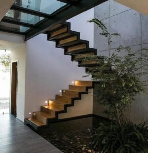 Wood Black Frame Water Floating Staircase
