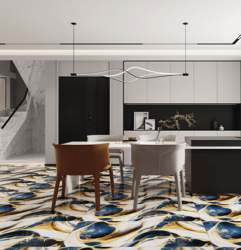 Blue Gold Swirl Glazed Porcelain Tile