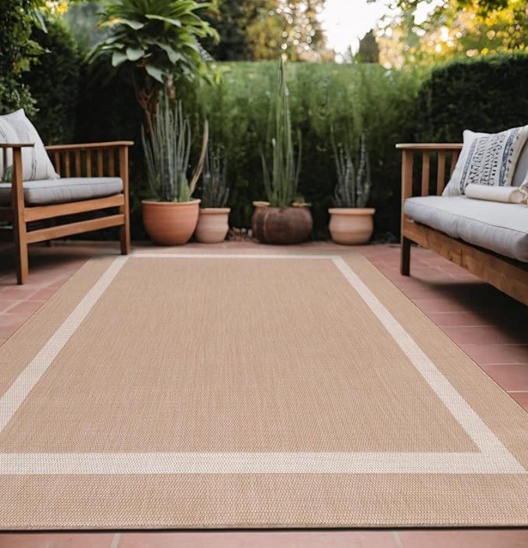 Beige Bordered Indoor Outdoor Carpet