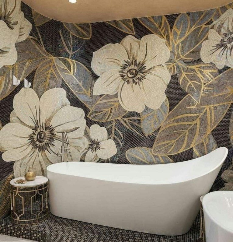 Cream Floral Gold Leaf Mosaic Tiles