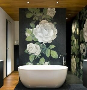 White Rose Black Base Mosaic Tiles