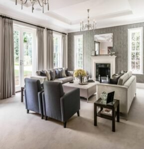 Light Grey Pleated Curtains showcase elegant texture, luxury minimalist, crafted for light control, add refined sophistication to high-end living rooms.