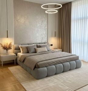 Grey Cloud Upholstered Luxe Queen Bed displays plush texture, luxe stylish, create inviting ambiance in luxury bedroom spaces.