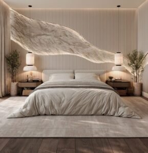 Beige Minimalist Textured Queen Bed features subtle texture, cozy design, crafted with soft material, add warm charm to intimate bedroom spaces.