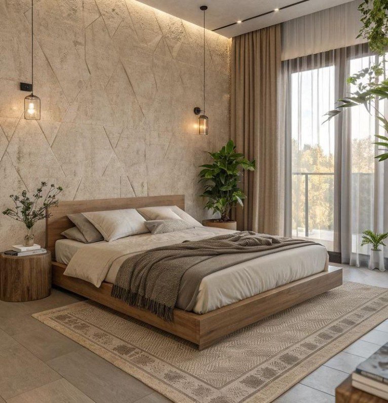 Natural Wood Minimalist Rustic Queen Bed boasts earthy texture, rustic design, engineered for durability, create warm ambiance in rustic bedroom spaces.