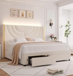 White Gold-Accented Elegant Queen Bed features chic design, elegant style, crafted with plush material, add refined charm to upscale bedroom spaces.