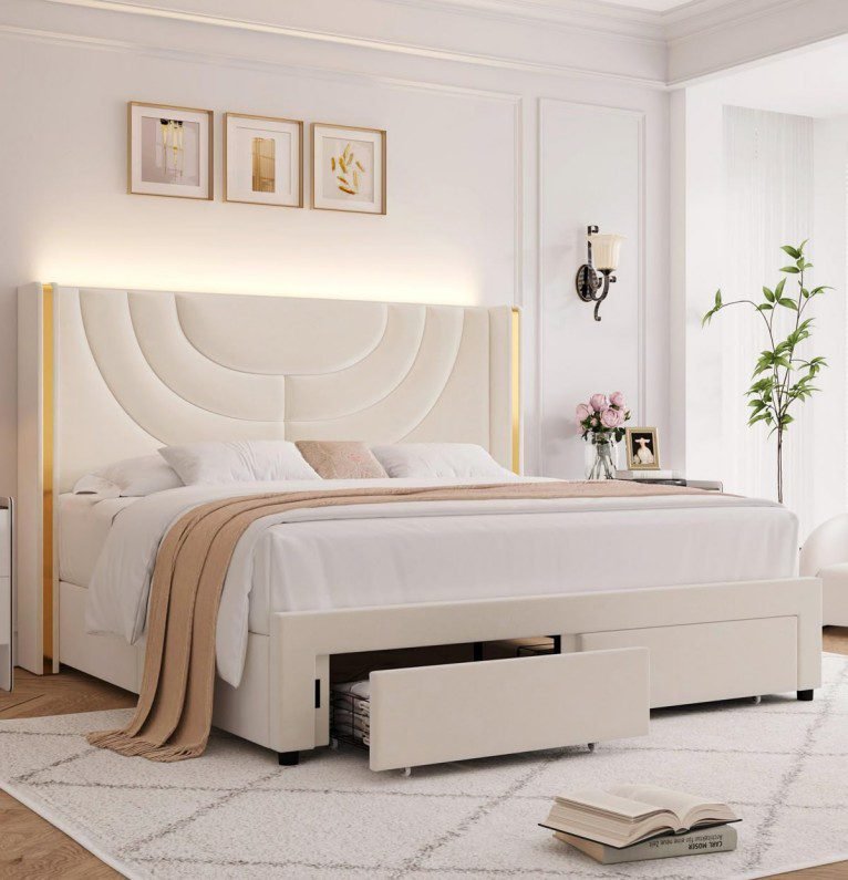 White Gold-Accented Elegant Queen Bed features chic design, elegant style, crafted with plush material, add refined charm to upscale bedroom spaces.