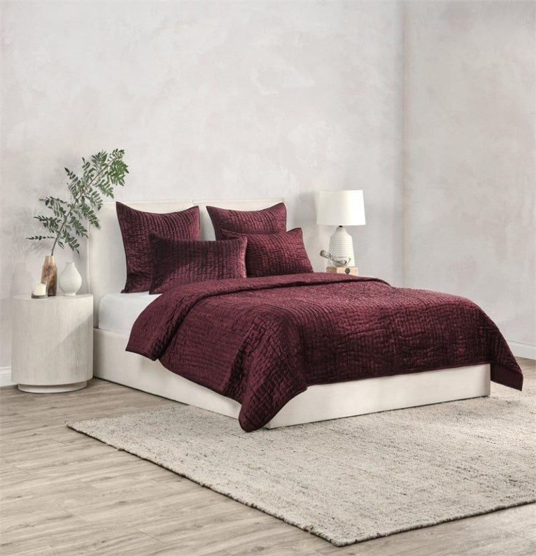 White Modern Burgundy-Bedding Queen Bed displays bold style, modern design, engineered for visual appeal, create lively ambiance in vibrant bedroom spaces.