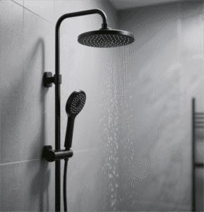 Black Modern Rain Shower Head features sleek design, black finish, adds modern charm to bathrooms with its powerful rainfall and elegant structural details.