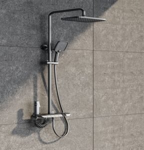 Black Square Rain Shower Head boasts bold design, square shape, adds industrial charm to bathrooms with its robust rainfall and modern structural details.