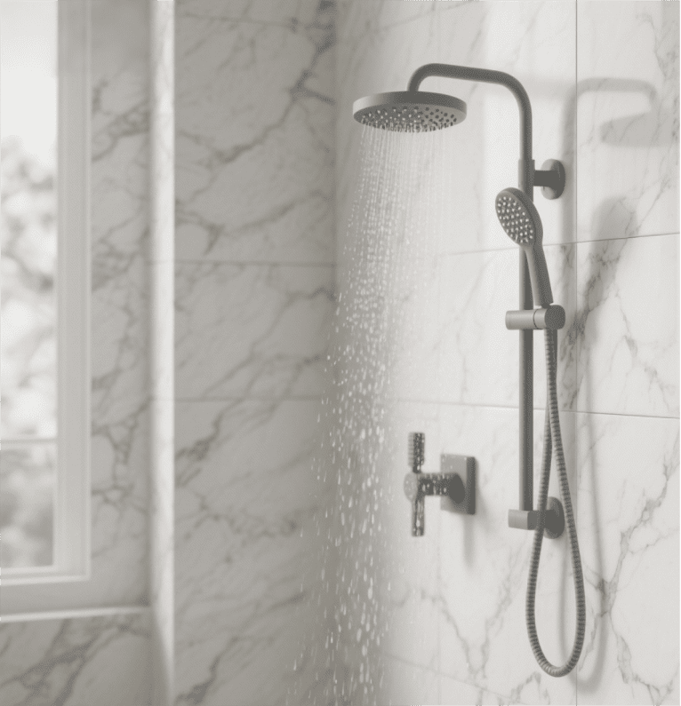 Grey Rain Shower Head with Marble Backdrop features sleek design, grey finish, creates modern ambiance in bathrooms with its harmonious rainfall and high-end details.