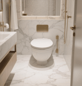 Marble Luxe Round Toilet features premium design, gold accents, adds opulent charm to luxury bathroom spaces with its marble finish and elegant details.