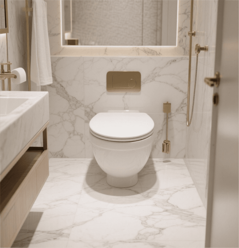 Marble Luxe Round Toilet features premium design, gold accents, adds opulent charm to luxury bathroom spaces with its marble finish and elegant details.