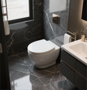 Dark Marble Modern Round Toilet displays sleek design, dark tones, creates chic ambiance in modern bathroom interiors with its contemporary look.