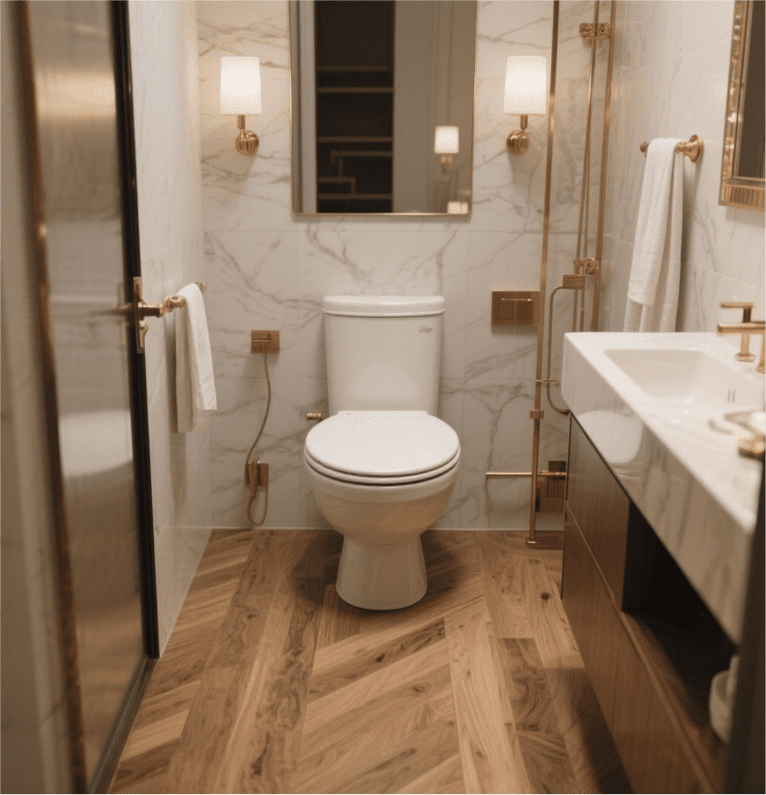 Vintage Style Round Toilet boasts warm design, wood accents, adds inviting charm to classic bathroom designs with its retro aesthetic.