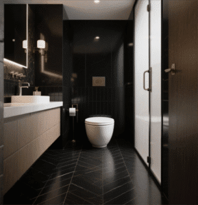 Black Minimalist Round Toilet features clean lines, dark palette, creates refined ambiance in minimalist bathroom spaces with its sleek structure.