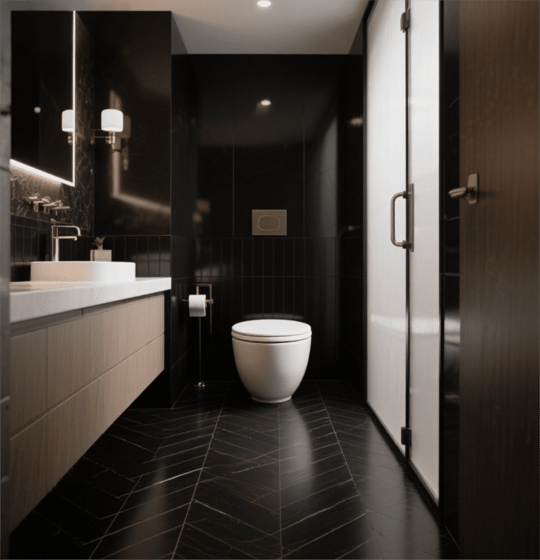 Black Minimalist Round Toilet features clean lines, dark palette, creates refined ambiance in minimalist bathroom spaces with its sleek structure.