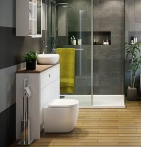 Modern Round Toilet displays bold design, wood flooring, adds lively charm to dynamic bathroom interiors with its unique style.