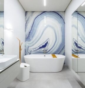 Blue Agate Shower Wall Panels feature marble-like texture, modern sleek, crafted for durability, add elegant artistic charm to contemporary bathroom spaces.
