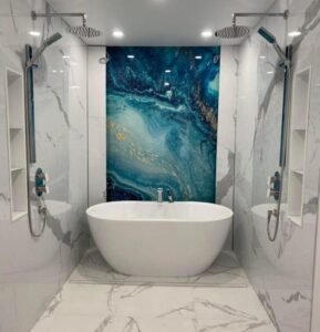 Teal Gold Shower Wall Panels showcase metallic texture, luxury elegant, crafted with metallic accents, add opulent charm to high-end bathroom spaces.