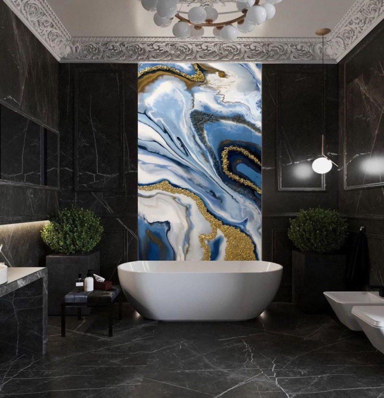 Blue Gold Agate Shower Wall Panels boast agate texture, high-end stylish, crafted with agate detailing, add refined charm to upscale bathrooms.