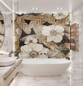 Gold Floral Mosaic Shower Wall Panels feature mosaic texture, artistic stylish, crafted with mosaic artistry, add bold charm to creative bathrooms.