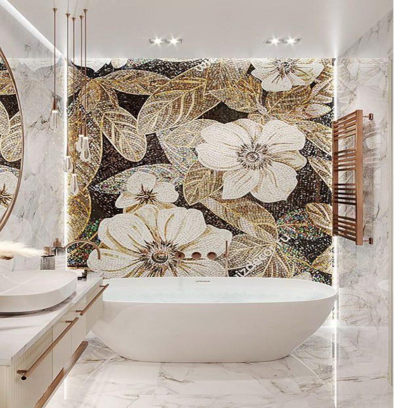 Gold Floral Mosaic Shower Wall Panels feature mosaic texture, artistic stylish, crafted with mosaic artistry, add bold charm to creative bathrooms.