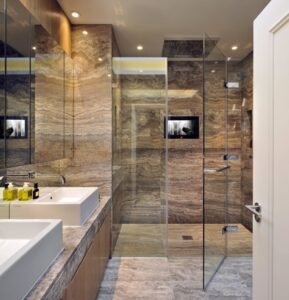 Brown Marble Shower Wall Panels boast natural texture, classic stylish, crafted with marble texture, add warm charm to natural-themed bathrooms.
