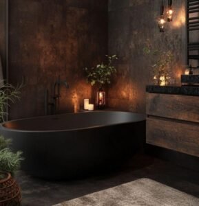 Black Stone Bathtub features sleek design, dark finish, adds opulent charm to luxe bathrooms with its modern style and elegant details.