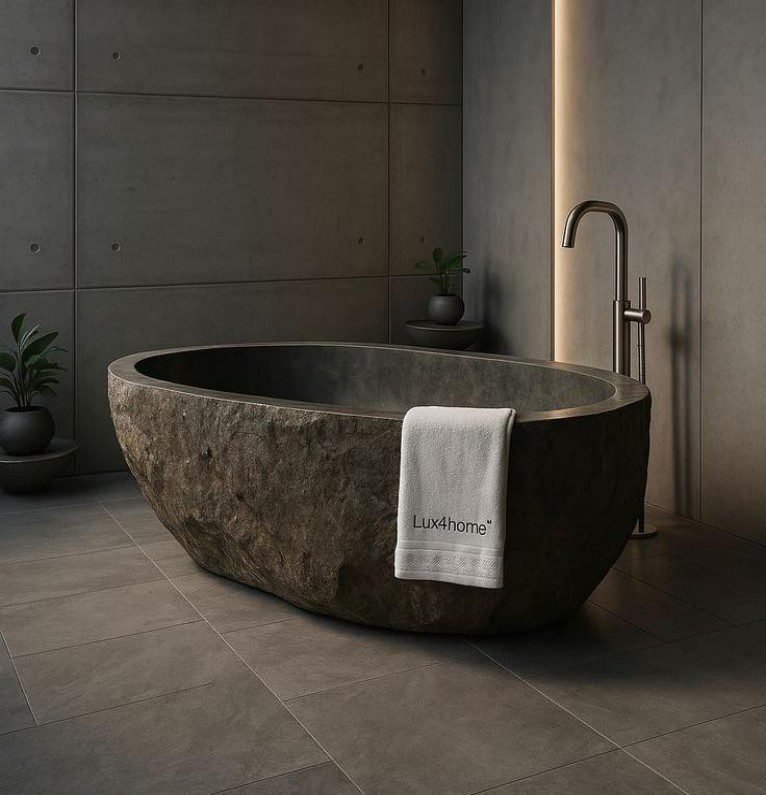 Natural Stone Bathtub boasts rugged texture, natural look, creates rustic ambiance in bathrooms with its authentic stone finish and unique design.