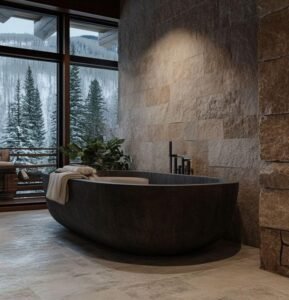 Dark Stone Bathtub displays rich texture, earthy tones, adds cozy charm to mountain bathrooms with its durable stone build and elegant layout.